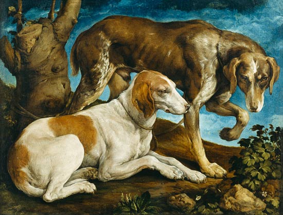 Two Hunting Dogs Tied to a Tree Stump van Jacopo Bassano