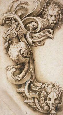 Grotesque Scroll (pen & brown ink on paper) van Jacopo Ligozzi
