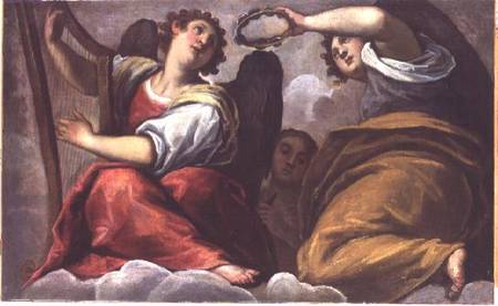 Musical Angels with a Cymbal and a Harp van Jacopo Palma il Giovane
