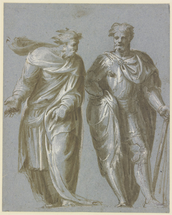 Zwei beieinander stehende Männer, der linke im Philosophenmantel mit weisender Geste, der rechte als van Jacopo Palma il Giovane