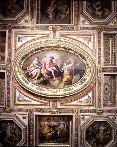 The 'Sala delle Muse' (Hall of the Muses) detail of the coffered ceiling decoration depicting Apollo van Jacopo Zucchi