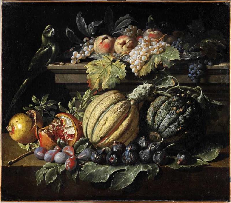 Fruchtstück mit Melonen, Weintrauben, Feigen, Granatäpfeln, Pfirsichen und einem Papagei. van Jacopo da (eigentlich Jacob van de Kerckhoven) Castello