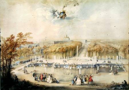 View of the Gardens and the Chateau of Versailles from the Neptune Fountain van Jacqes Andre Portail