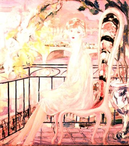 Portrait of Dolly Davis on a balcony in front of the old bridge of Alma van Jacqueline Marval
