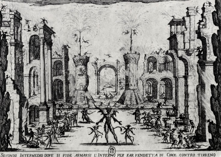 Illustration for Theatre play "Les intermèdes" by Andrea Salvadori (Second Act where Hell was seen t van Jacques Callot