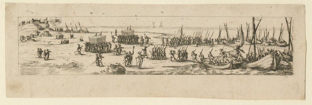 Landing of troops at the siege of La Rochelle van Jacques Callot