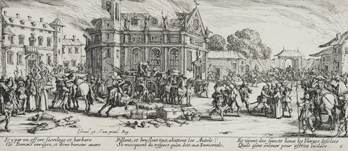 Les Miseres et les Mal-Heurs de la Guerre (Blatt 6): Die Zerstörung eines Klosters van Jacques Callot