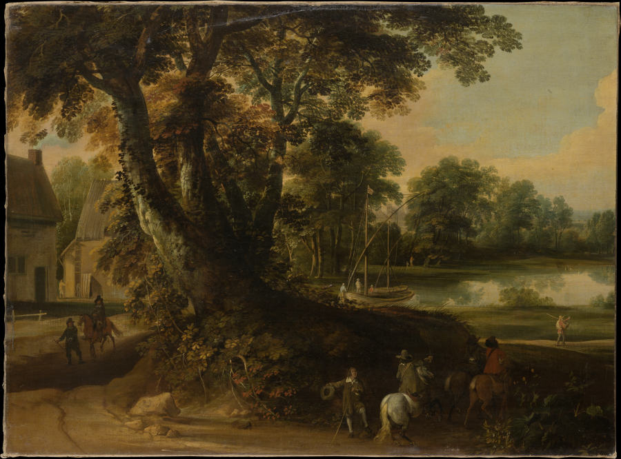 Landscape with a Group of Trees at the Shore of a Lake, Three Riders on the Road in the Foreground van Jacques d' Arthois