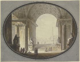 Blick durch ein kassettiertes Rundbogengewölbe auf einen dem Petersplatz in Rom nachempfundenen Plat