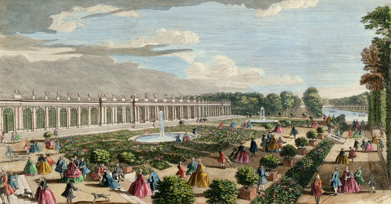 View of the Chateau de Trianon, towards the Parterre (coloured engraving) (see also 171645) van Jacques Rigaud