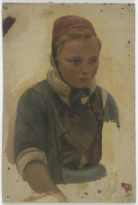 Brustbild eines kleinen Bauernmädchens van Jakob Becker
