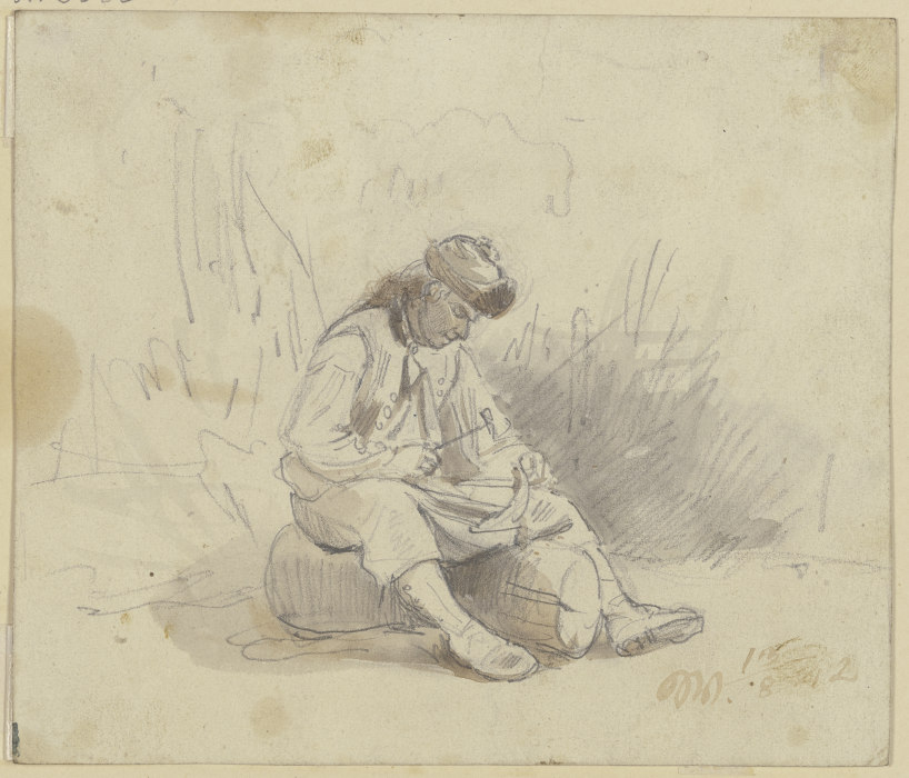Ein Bauer sitzt auf einem Stück Holz und dengelt seine Sense van Jakob Furchtegott Dielmann