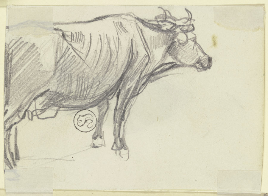 A cow to the right van Jakob Furchtegott Dielmann
