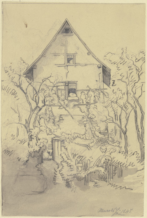 Haus zwischen Bäumen, im Fenster liegt Bettzeug van Jakob Furchtegott Dielmann