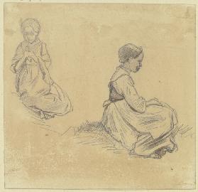 Studienblatt: Sitzendes strickendes Mädchen, rechts ein anderes, die Hände in den Schoß gelegt, im P