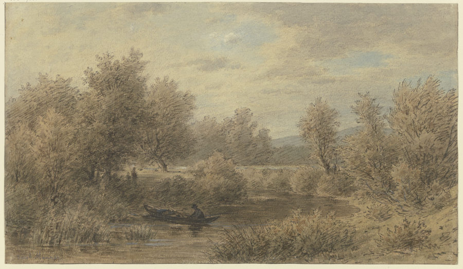 Ein Kahn mit einem Fährmann hält am Ufer (Motiv an der Nied) van Jakob Maurer