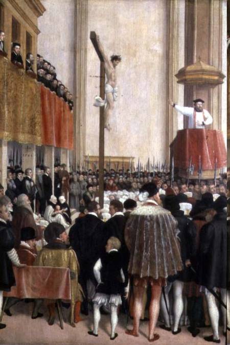 Sermon of the Papal Legate, Cornelius Musso (1511-74), in the Augustinerkirche Vienna on 1561 van Jakob Seisenegger