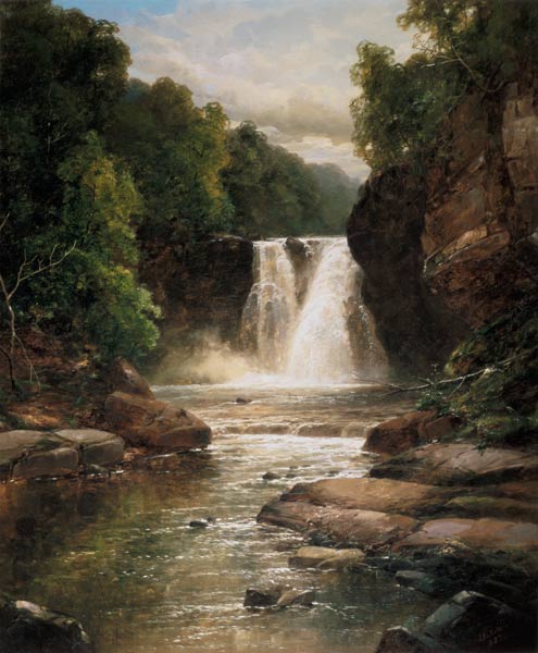 A Wooded River Landscape with Waterfall van James Burrell Smith