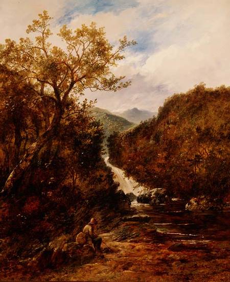 Angler by a Wooded Waterfall van James Charles Ward