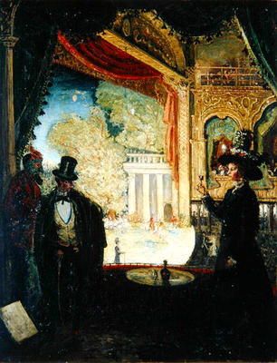 A Scene in a Theatre: A Performance Seen from a Box in which Three figures are Standing, 1908 (oil o van James Dickson Innes