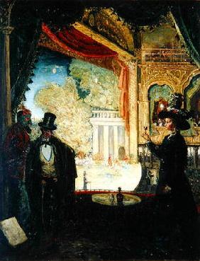 A Scene in a Theatre: A Performance Seen from a Box in which Three figures are Standing, 1908 (oil o