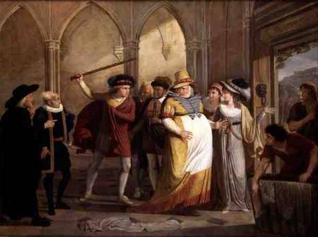 Falstaff in disguise led out by Mrs Page, Act 4 Scene 2, in The Merry Wives of Windsor van James Durno