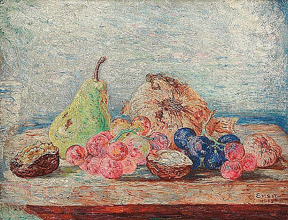 Still life with pear, grapes and nuts van James Ensor