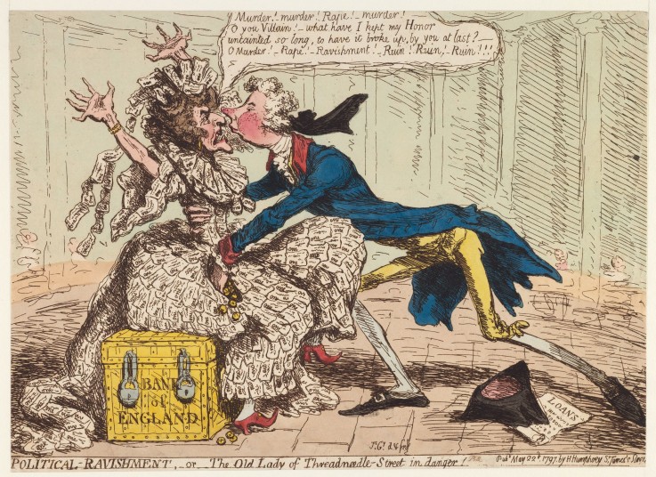 Political Ravishment, or the Old Lady of Threadneedle Street in Danger! van James Gillray