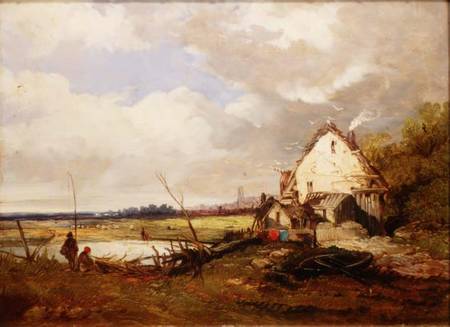 Anglers by a Cottage on a River Bank van James Holland