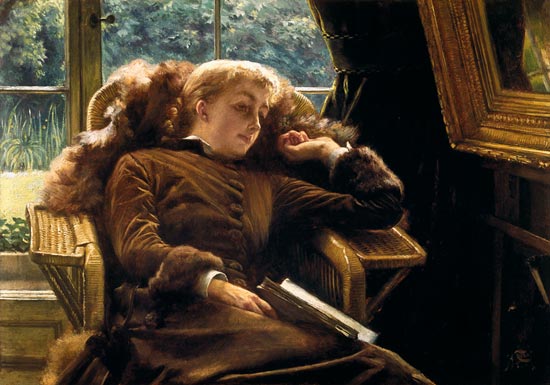 Reverie: Mrs.Newton reclining in a chair van James Jacques Tissot