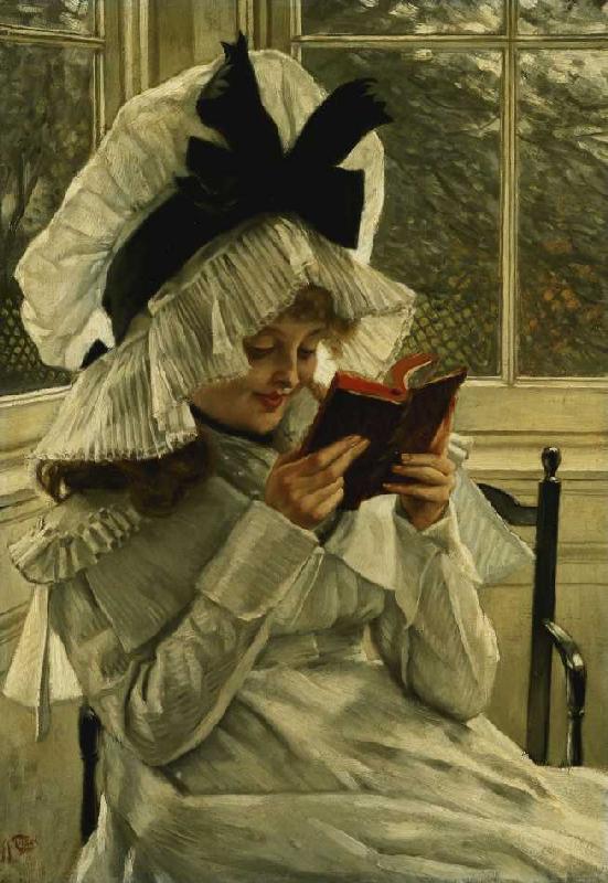 Mädchen, ein Buch lesend van James Jacques Tissot