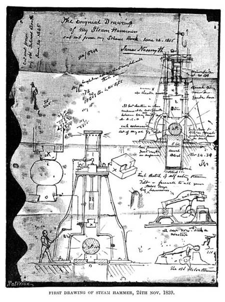First Drawing of Steam Hammer, 24th November 1839, from a torn out page from Nasmyth's sketch book, van James Nasmyth