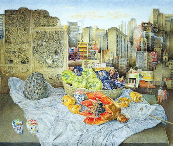 Still Life with Papaya and Cityscape, 2000 (oil on canvas)  van  James  Reeve