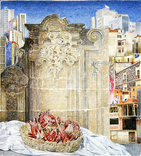 Still Life with Strange Fruit and a Baroque Landscape, Mexico City, 2003 (oil on canvas)  van  James  Reeve