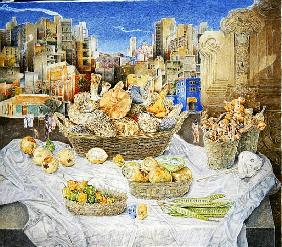 Still Life with Funghi and Cityscape, 2001 (oil on canvas) 