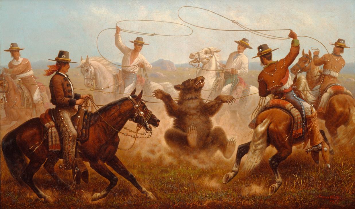 Cowboys Roping a Bear (Cowboys fangen einen Bären mit Lassos) van James Walker