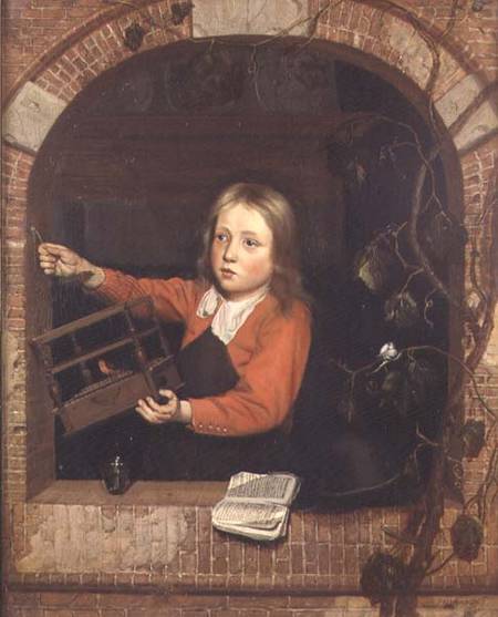 Young Boy with a Birdcage (panel) van Jan Adriansz van Staveren