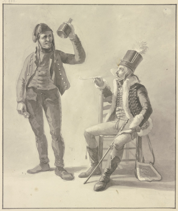 Sitzender rauchender Husar, dabei der Wirt mit Flasche und Glas van Jan Anthonie Langendijk