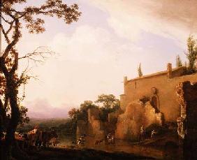 Italianate landscape with figures fording a stream