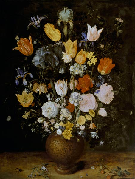 Blumenstrauß in Tonvase van Jan Brueghel de oude