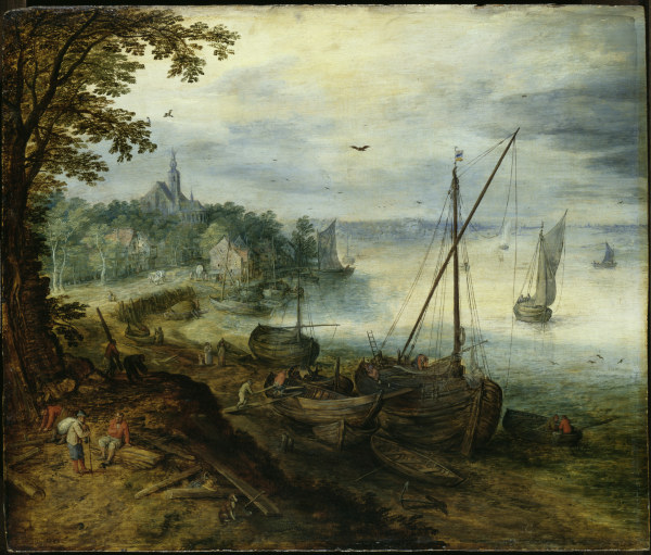 Flußlandschaft mit Holzhackern van Jan Brueghel de oude