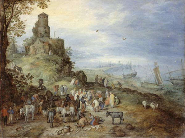 Coastal Landscape with the Calling of St. Peter and Andrew van Jan Brueghel de oude