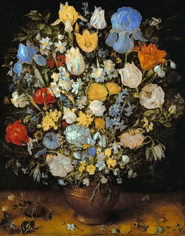 boeket in een vaas van steengoed van Jan Brueghel de oude