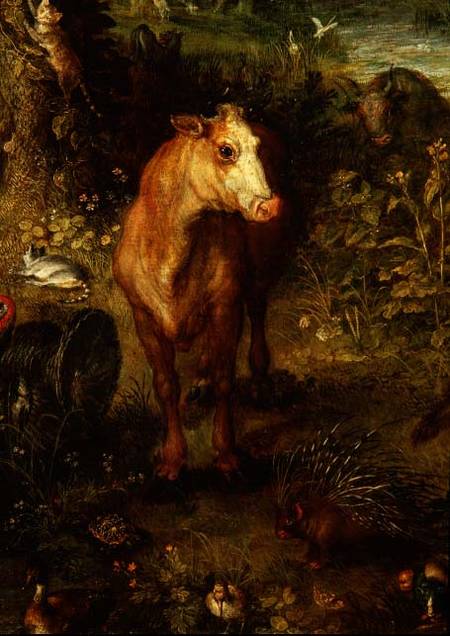 Earth or The Earthly Paradise, detail of a cow, porcupine and other animals van Jan Brueghel de oude