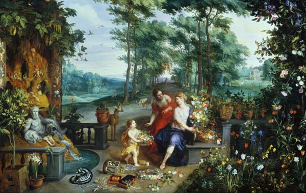 Flora and Nymphs in a Garden van Jan Brueghel de oude