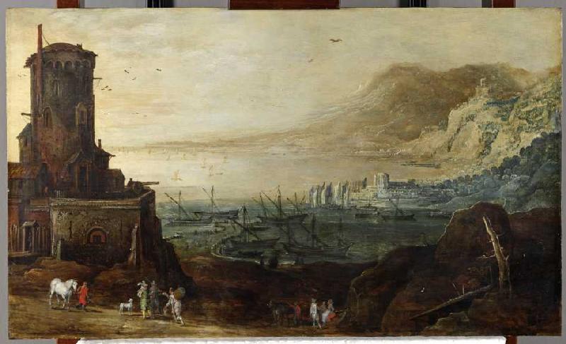 Hafenlandschaft mit Befestigungsturm van Jan Brueghel de oude