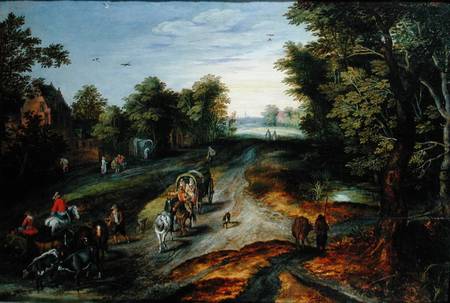 Landscape with a Village Road van Jan Brueghel de oude