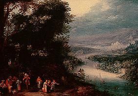 Waldige Flusslandschaft mit Fahrweg van Jan Brueghel de oude