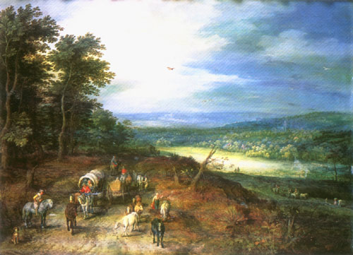 Weite Landschaft mit Reisenden van Jan Brueghel de oude