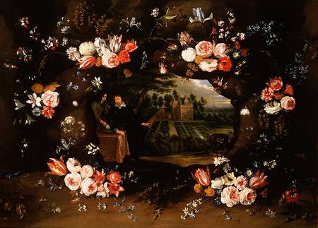 Garland of Flowers Encircling a Medallion Representing Nicolas de Man in front of his Property at An van Jan Brueghel d. J.